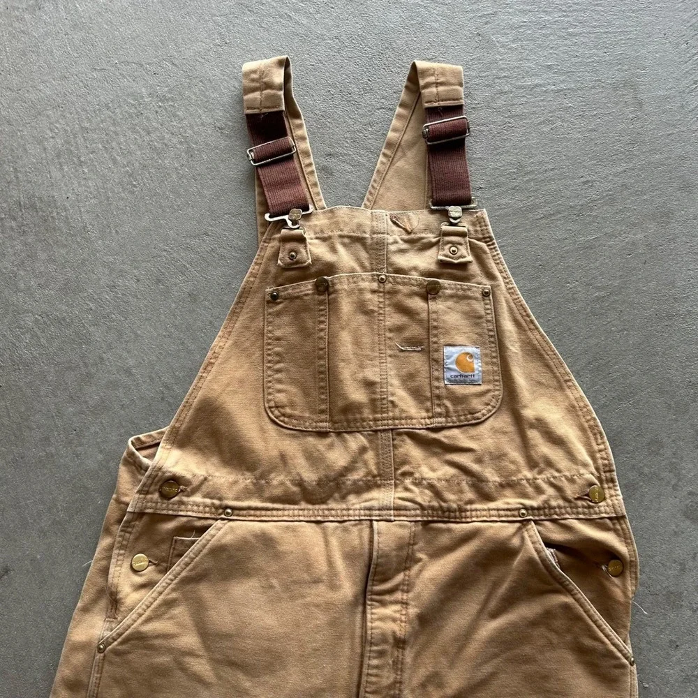 Vintage 90s Carhartt Overalls Size 40x30 Tan Duck Canvas Carpenter Workwear Bibs - Picture 4 of 10